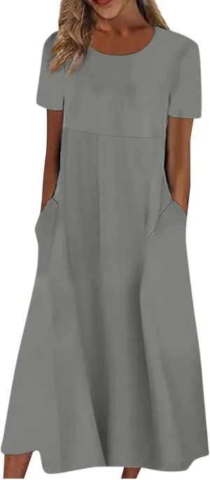 Summer Dresses for Women 2025 Casual Short Sleeve Scoop Neck Cozy Swing Beach Boho Tshirt Dress with Pockets