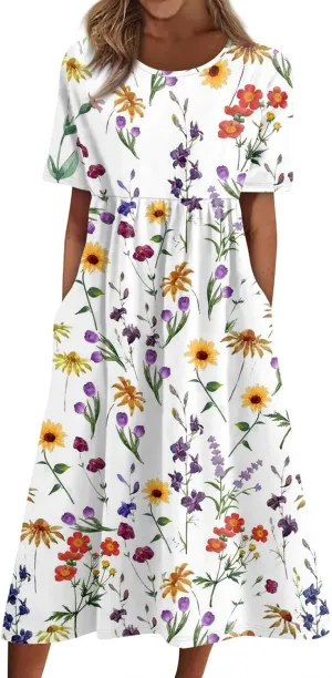 Summer Dresses for Women 2025 Casual Short Sleeve Scoop Neck Cozy Swing Beach Boho Tshirt Dress with Pockets