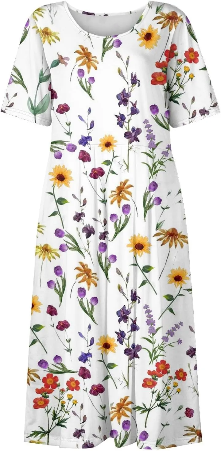 Summer Dresses for Women 2025 Casual Short Sleeve Scoop Neck Cozy Swing Beach Boho Tshirt Dress with Pockets
