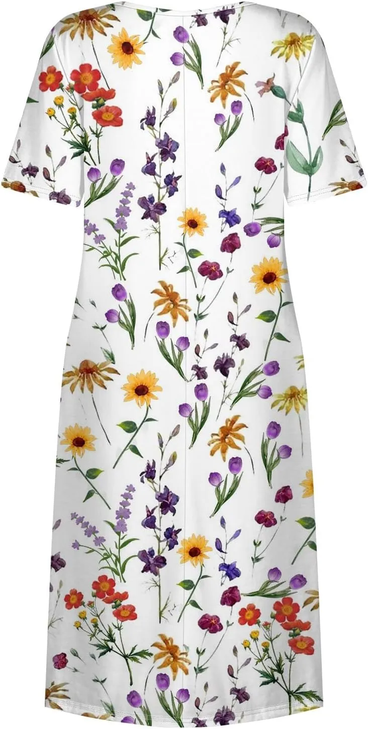 Summer Dresses for Women 2025 Casual Short Sleeve Scoop Neck Cozy Swing Beach Boho Tshirt Dress with Pockets