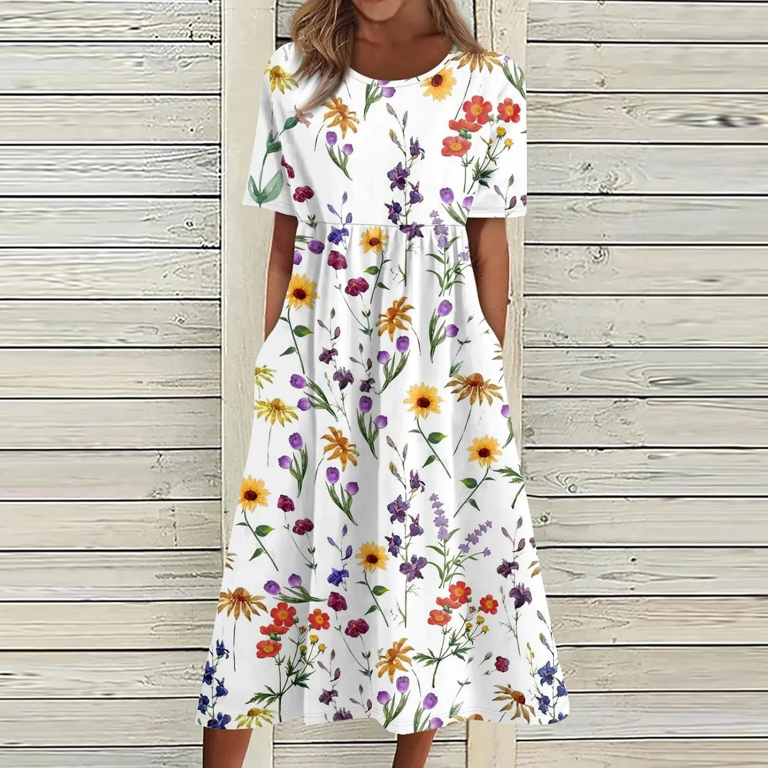 Summer Dresses for Women 2025 Casual Short Sleeve Scoop Neck Cozy Swing Beach Boho Tshirt Dress with Pockets