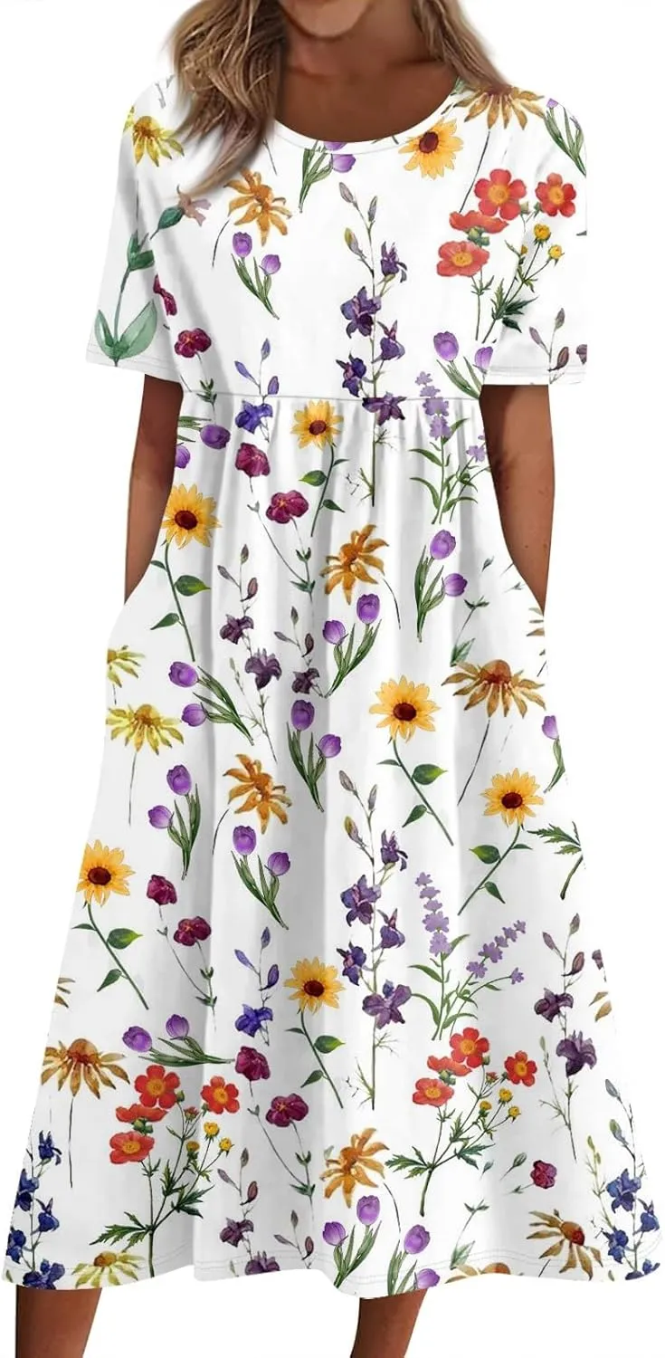 Summer Dresses for Women 2025 Casual Short Sleeve Scoop Neck Cozy Swing Beach Boho Tshirt Dress with Pockets