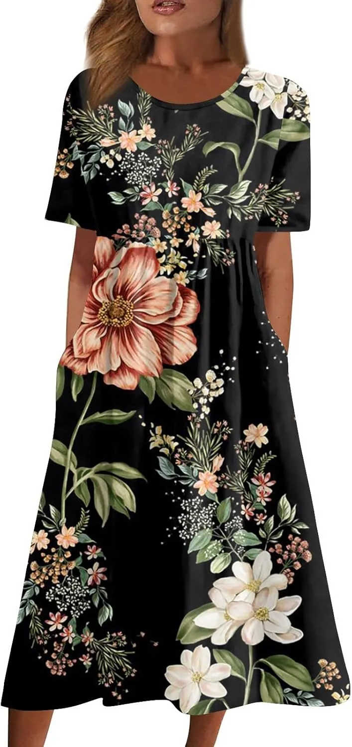 Summer Dresses for Women 2025 Casual Short Sleeve Scoop Neck Print Swing Beach Boho Tshirt Dress with Pockets