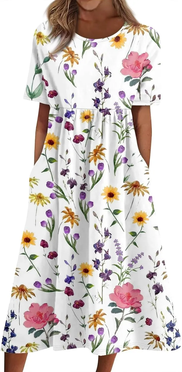 Summer Dresses for Women 2025 Casual Short Sleeve Scoop Neck Print Swing Beach Boho Tshirt Dress with Pockets