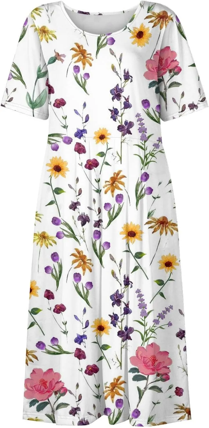 Summer Dresses for Women 2025 Casual Short Sleeve Scoop Neck Print Swing Beach Boho Tshirt Dress with Pockets