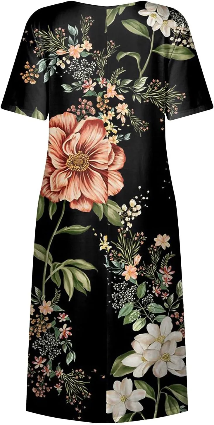 Summer Dresses for Women 2025 Casual Short Sleeve Scoop Neck Print Swing Beach Boho Tshirt Dress with Pockets