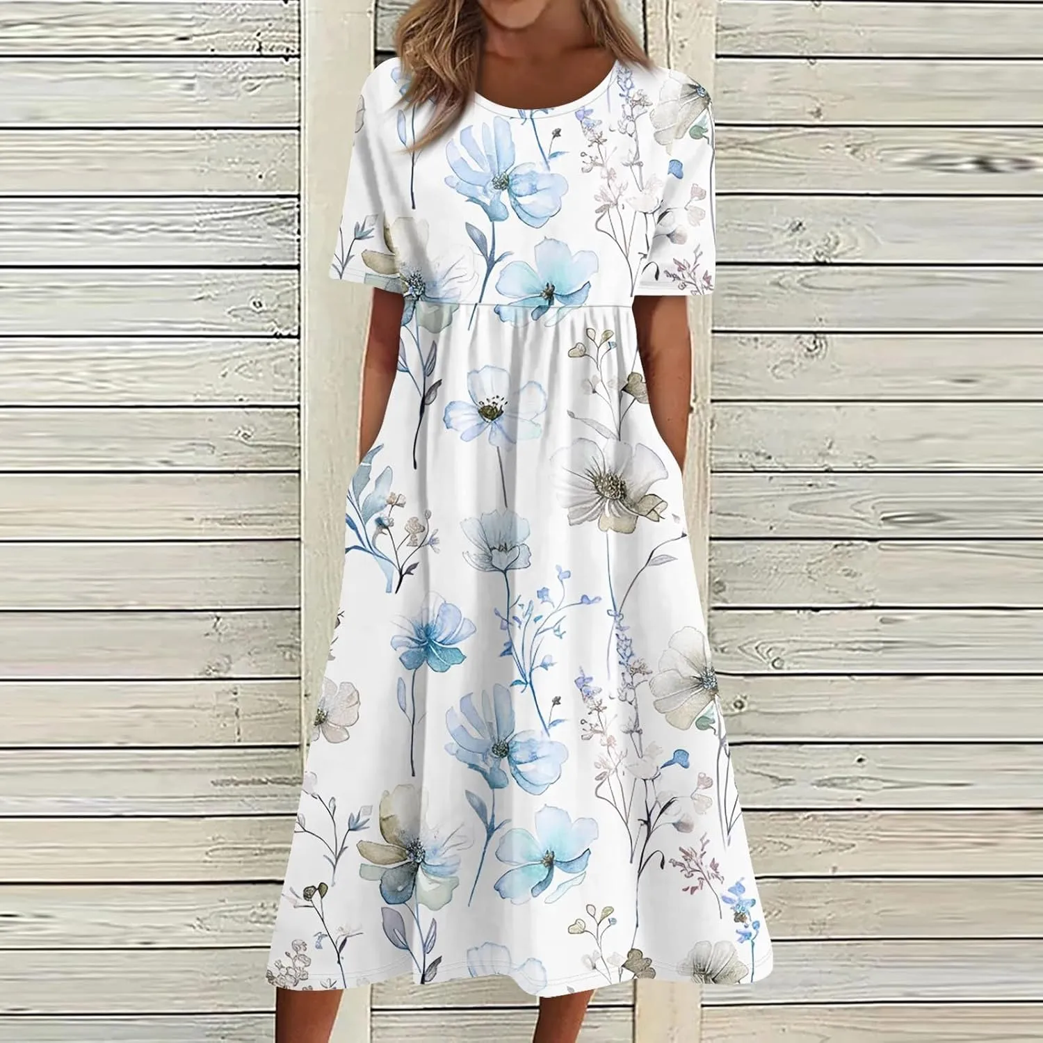 Summer Dresses for Women 2025 Casual Short Sleeve Scoop Neck Print Swing Beach Boho Tshirt Dress with Pockets