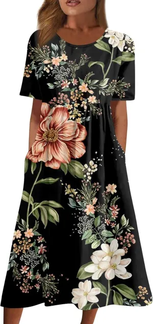 Summer Dresses for Women 2025 Casual Short Sleeve Scoop Neck Print Swing Beach Boho Tshirt Dress with Pockets