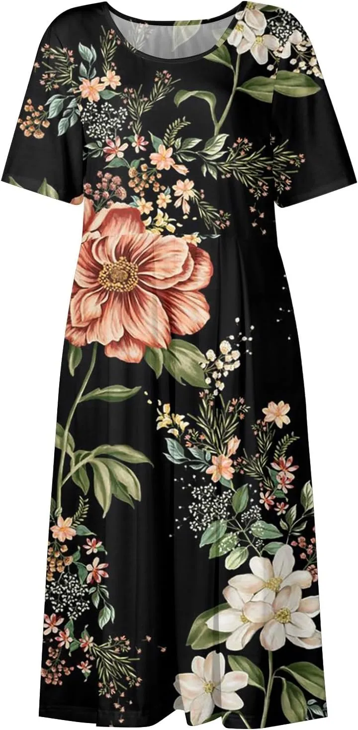 Summer Dresses for Women 2025 Casual Short Sleeve Scoop Neck Print Swing Beach Boho Tshirt Dress with Pockets