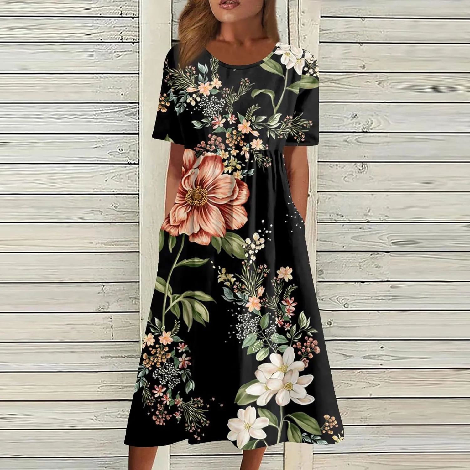 Summer Dresses for Women 2025 Casual Short Sleeve Scoop Neck Print Swing Beach Boho Tshirt Dress with Pockets