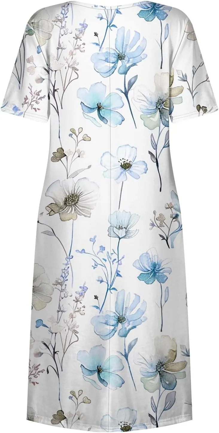 Summer Dresses for Women 2025 Casual Short Sleeve Scoop Neck Print Swing Beach Boho Tshirt Dress with Pockets