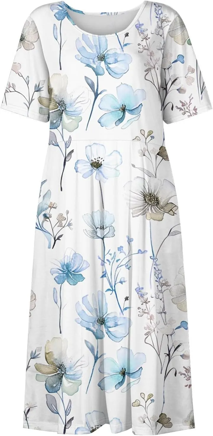 Summer Dresses for Women 2025 Casual Short Sleeve Scoop Neck Print Swing Beach Boho Tshirt Dress with Pockets