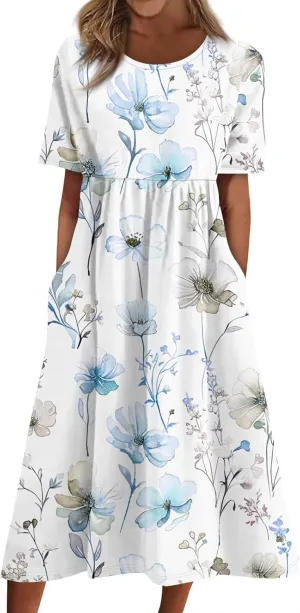 Summer Dresses for Women 2025 Casual Short Sleeve Scoop Neck Print Swing Beach Boho Tshirt Dress with Pockets