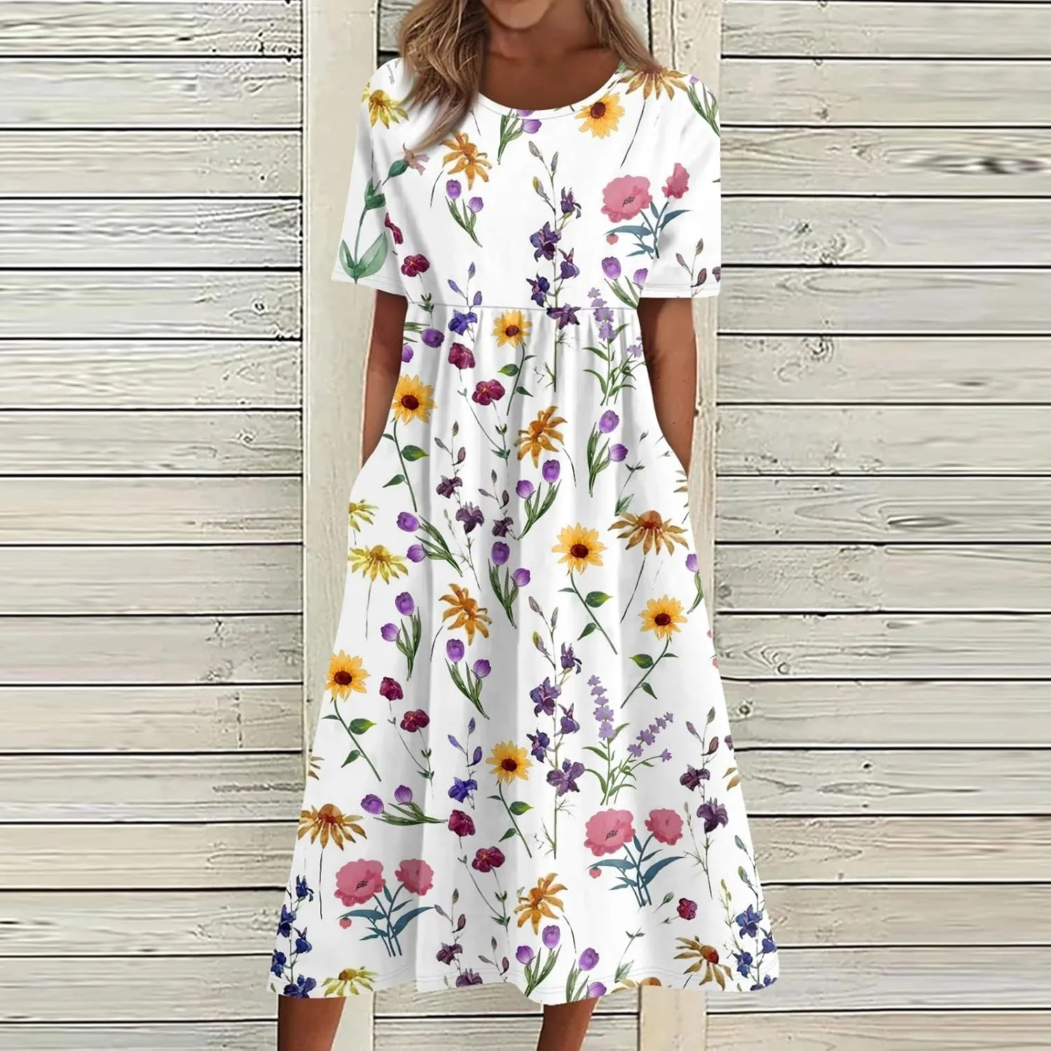 Summer Dresses for Women 2025 Casual Short Sleeve Scoop Neck Print Swing Beach Boho Tshirt Dress with Pockets