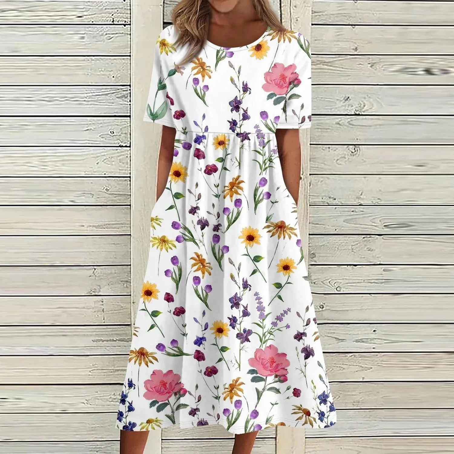 Summer Dresses for Women 2025 Casual Short Sleeve Scoop Neck Print Swing Beach Boho Tshirt Dress with Pockets