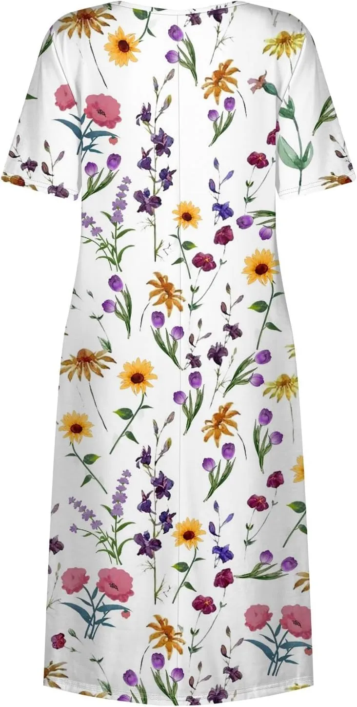 Summer Dresses for Women 2025 Casual Short Sleeve Scoop Neck Print Swing Beach Boho Tshirt Dress with Pockets
