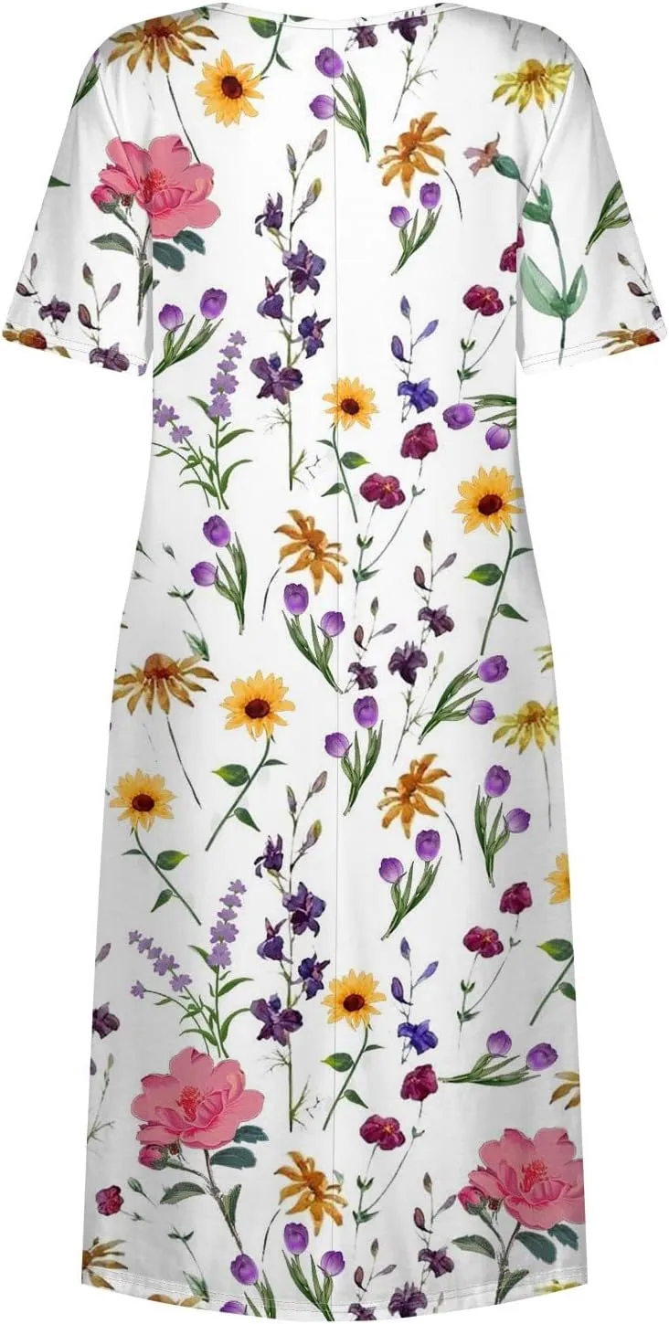 Summer Dresses for Women 2025 Casual Short Sleeve Scoop Neck Print Swing Beach Boho Tshirt Dress with Pockets