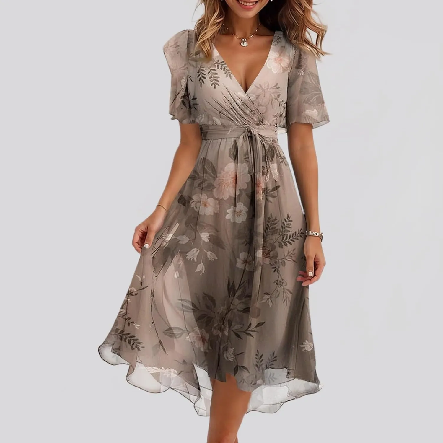 Summer Dresses for Women 2025 Casual Trendy Short Sleeve V-Neck Floral Printed Solid Vacation Cocktail Dress, S-2XL