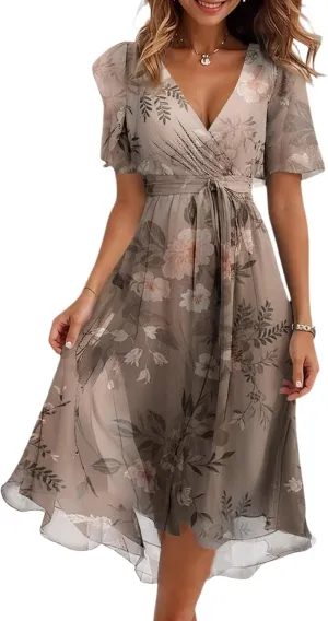 Summer Dresses for Women 2025 Casual Trendy Short Sleeve V-Neck Floral Printed Solid Vacation Cocktail Dress, S-2XL