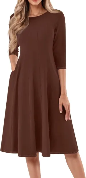 Summer Dresses for Women 2025 Round Neck 3/4 Sleeve Midi Dress Solid Color A Line Flowy Dress with Pockets
