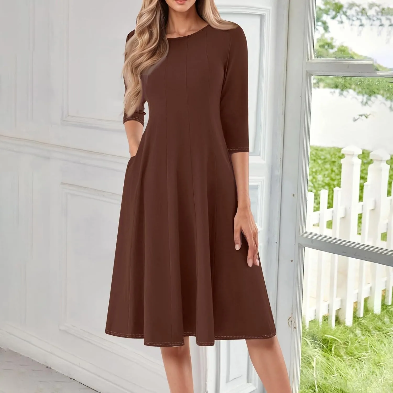 Summer Dresses for Women 2025 Round Neck 3/4 Sleeve Midi Dress Solid Color A Line Flowy Dress with Pockets