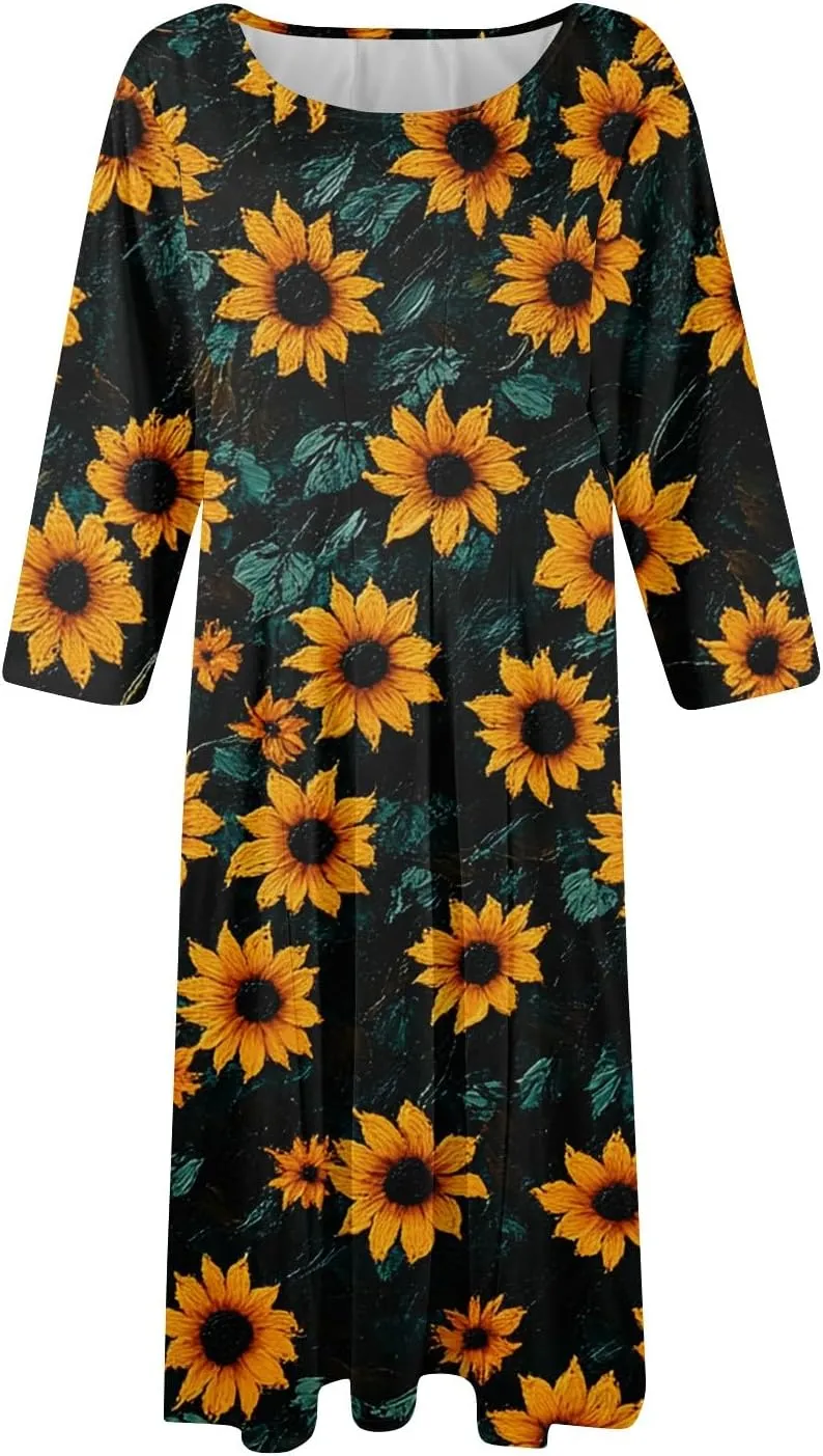 Summer Dresses for Women Aline Flowy Tshirt Dress Casual Floral 3/4 Sleeve Dress Beach Midi Dresses with Pockets