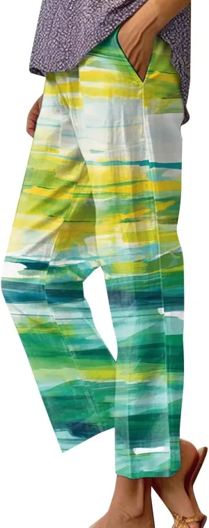 Summer Pants for Women 2024 Trendy Floral Print Elastic Waist Pants Straight Leg Baggy Comfy Trousers with Pocket