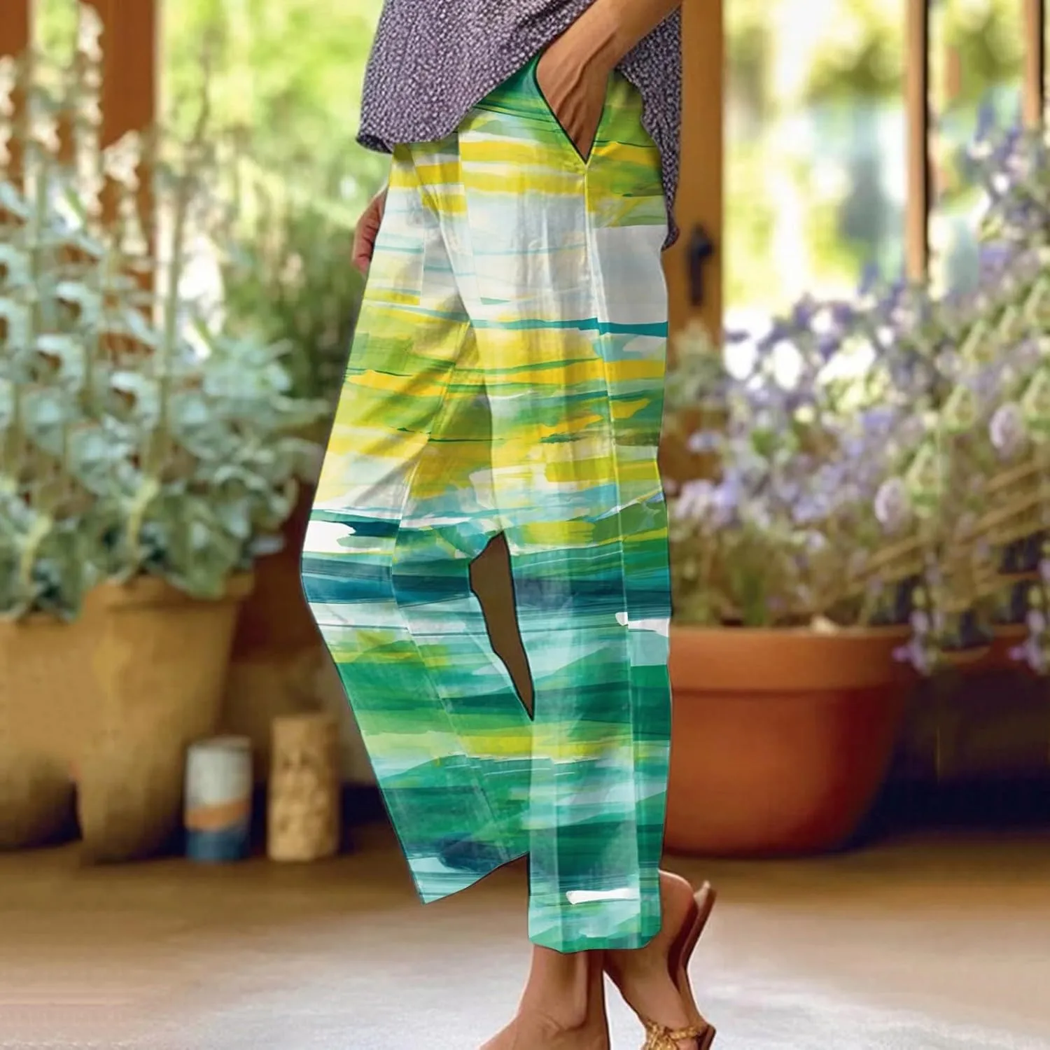 Summer Pants for Women 2024 Trendy Floral Print Elastic Waist Pants Straight Leg Baggy Comfy Trousers with Pocket
