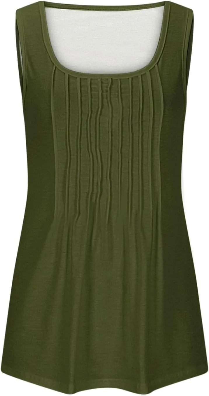 Summer Pleated Tank Tops for Women Loose Fit Casual Flowy Tops Solid Color Comfy Flowy Sleeveless Blouse Shirt