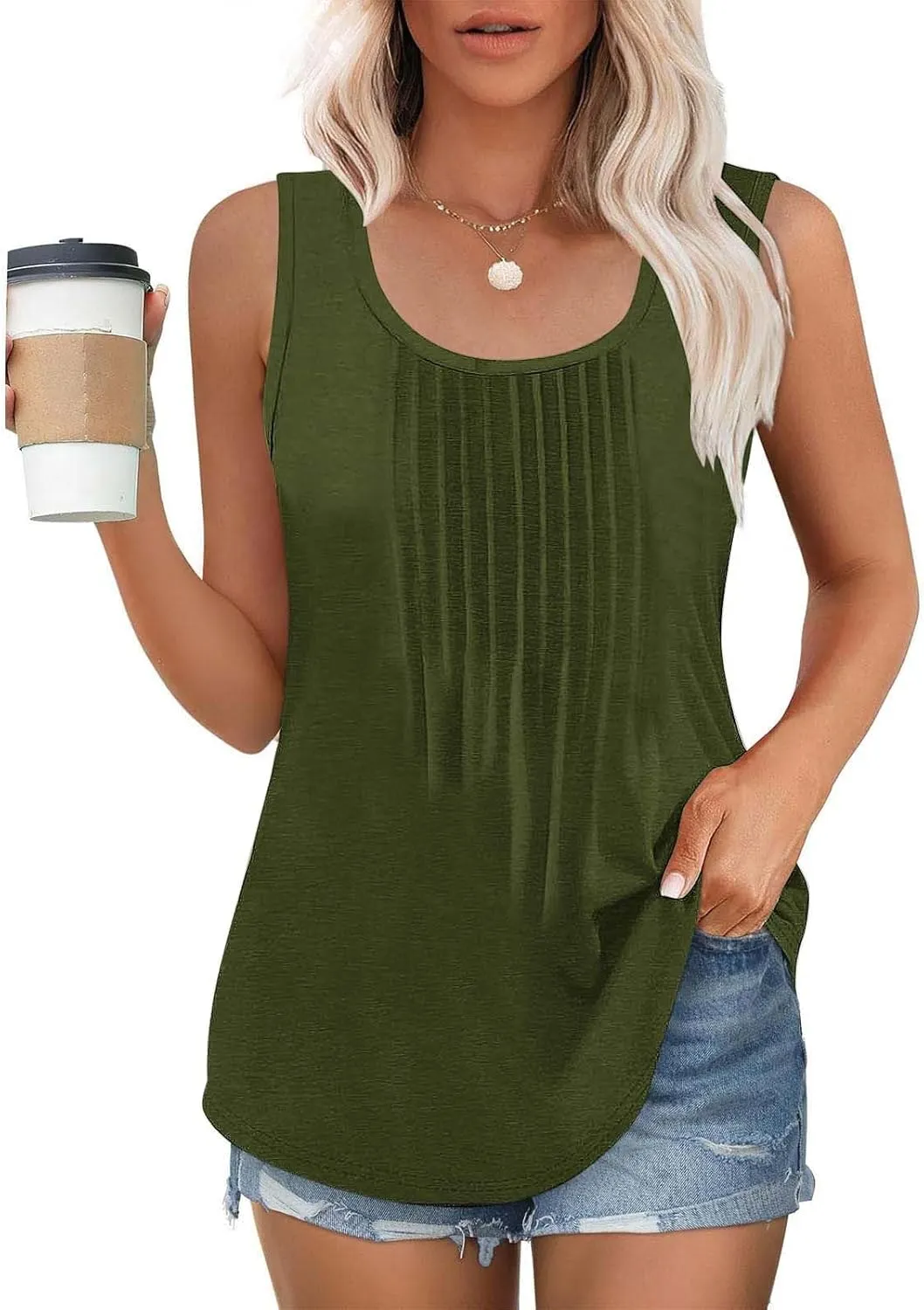 Summer Pleated Tank Tops for Women Loose Fit Casual Flowy Tops Solid Color Comfy Flowy Sleeveless Blouse Shirt