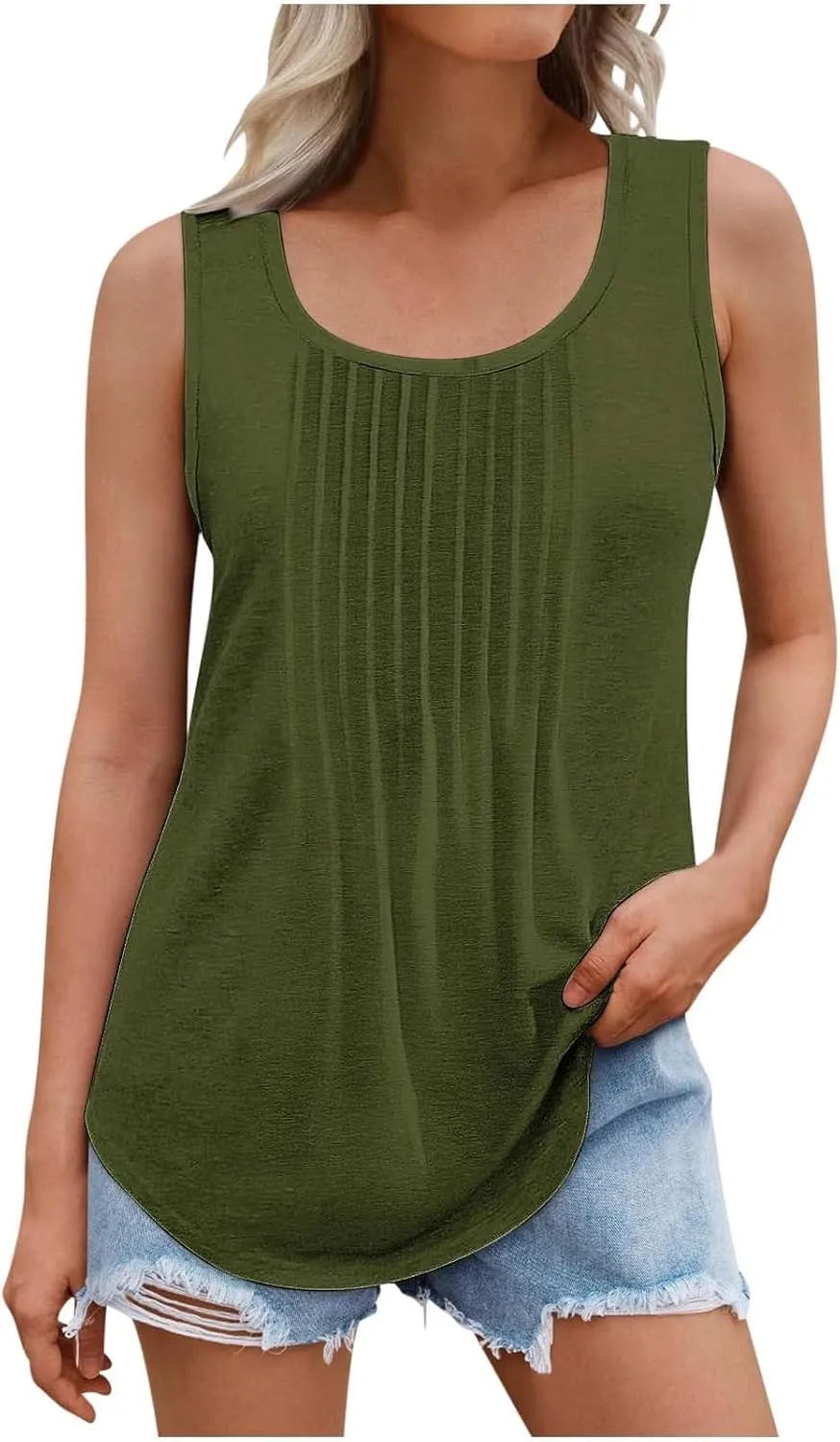 Summer Pleated Tank Tops for Women Loose Fit Casual Flowy Tops Solid Color Comfy Flowy Sleeveless Blouse Shirt