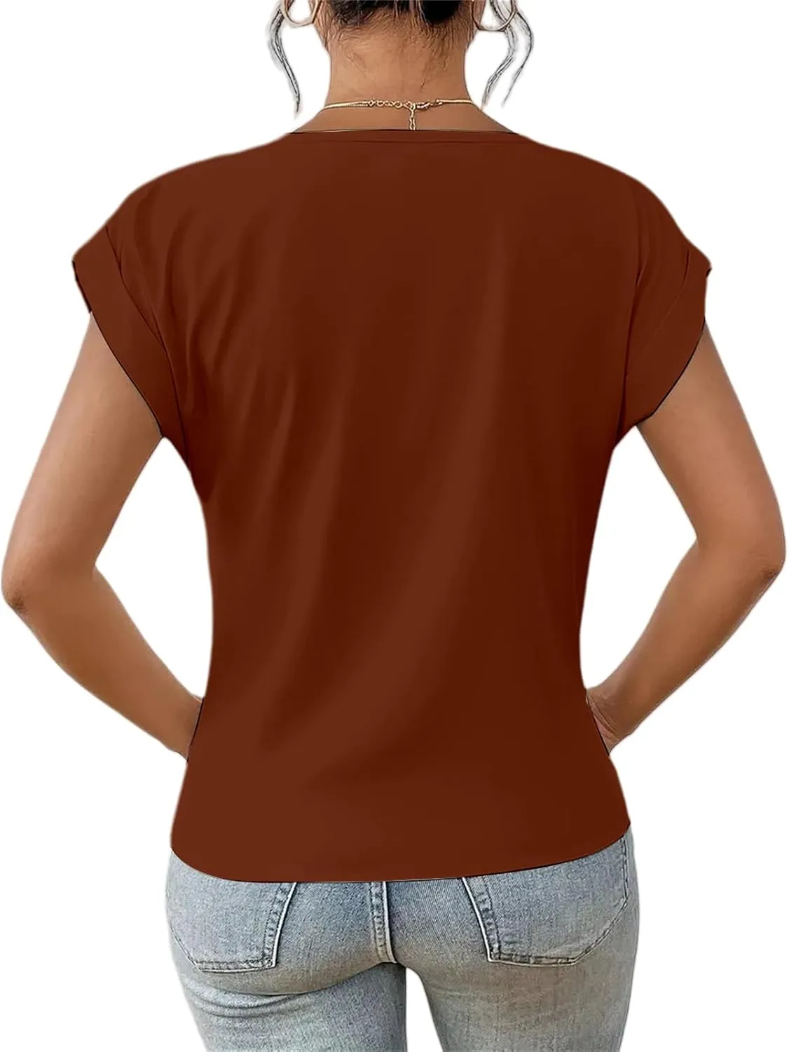 Summer T Shirts for Women Pleated Short Sleeve V-Neck Shirts Dressy Work Blouse Loose Casual Tee Tops Basic T-Shirt