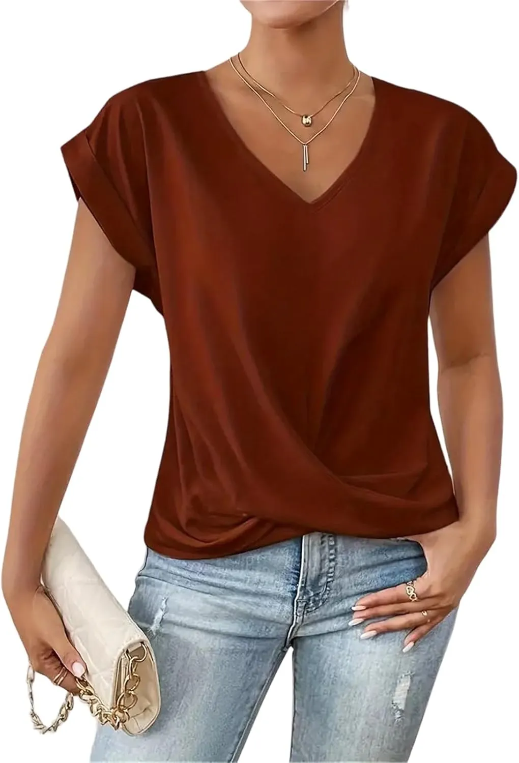 Summer T Shirts for Women Pleated Short Sleeve V-Neck Shirts Dressy Work Blouse Loose Casual Tee Tops Basic T-Shirt