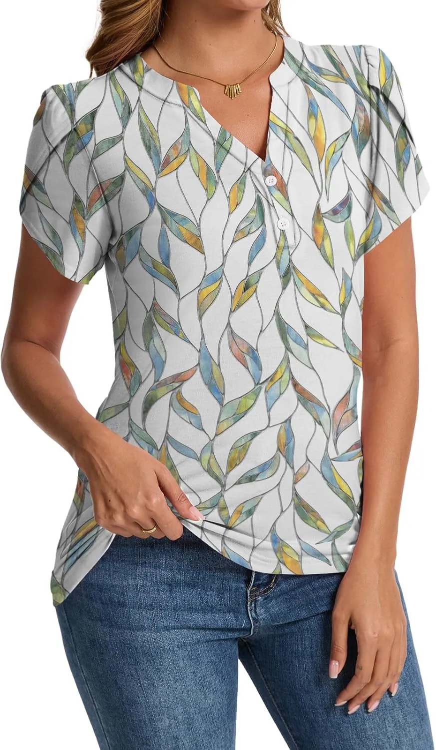 Summer Tops for Women Fashion V Neck Blouses Spring Short Sleeve Button Down Tshirts Ladies Tunics S-XXL