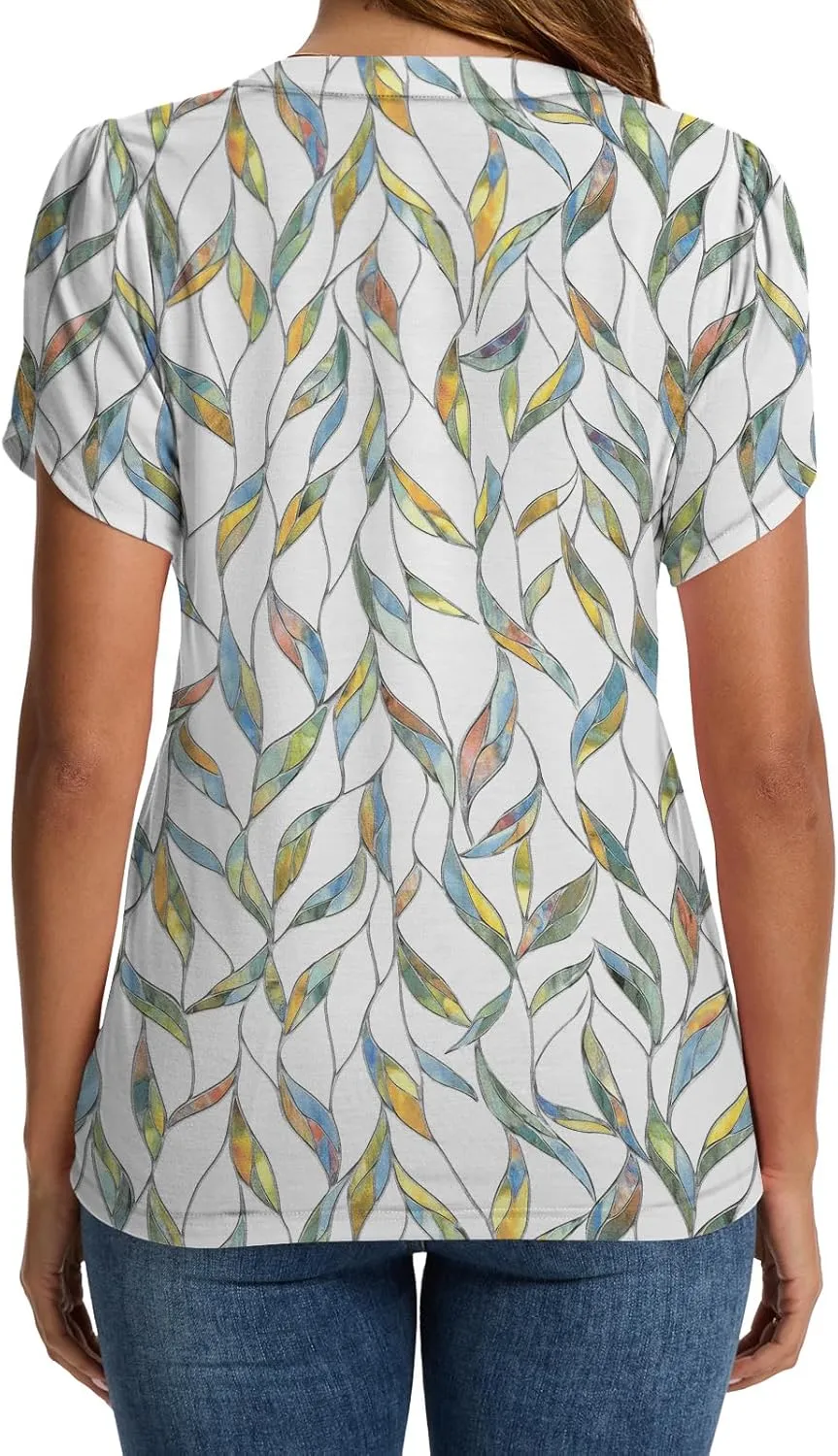 Summer Tops for Women Fashion V Neck Blouses Spring Short Sleeve Button Down Tshirts Ladies Tunics S-XXL