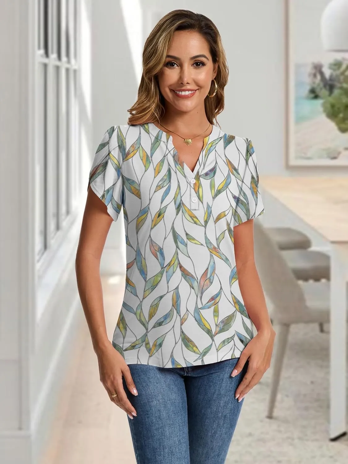 Summer Tops for Women Fashion V Neck Blouses Spring Short Sleeve Button Down Tshirts Ladies Tunics S-XXL