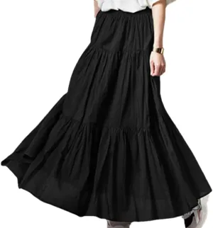 Summer Women Elastic High Waist Ruffle Maxi Long Skirt Flowy Tiered Pleated A Line Long Skirt Trendy Flared Skirts