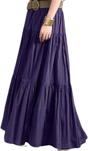 Summer Women Elastic High Waist Ruffle Maxi Long Skirt Flowy Tiered Pleated A Line Long Skirt Trendy Flared Skirts