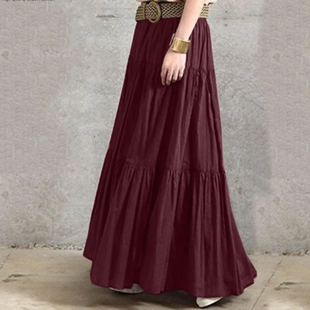 Summer Women Elastic High Waist Ruffle Maxi Long Skirt Flowy Tiered Pleated A Line Long Skirt Trendy Flared Skirts