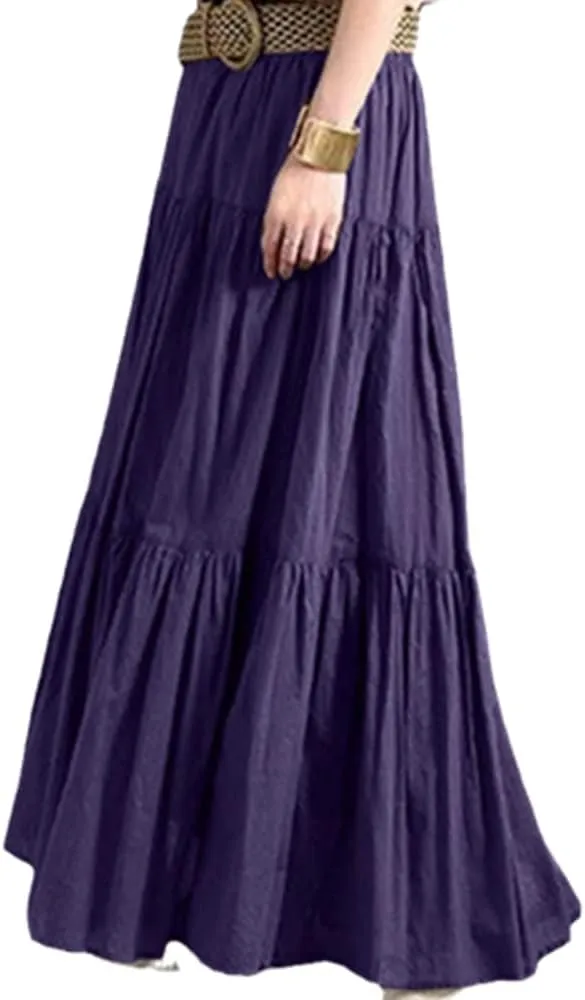 Summer Women Elastic High Waist Ruffle Maxi Long Skirt Flowy Tiered Pleated A Line Long Skirt Trendy Flared Skirts