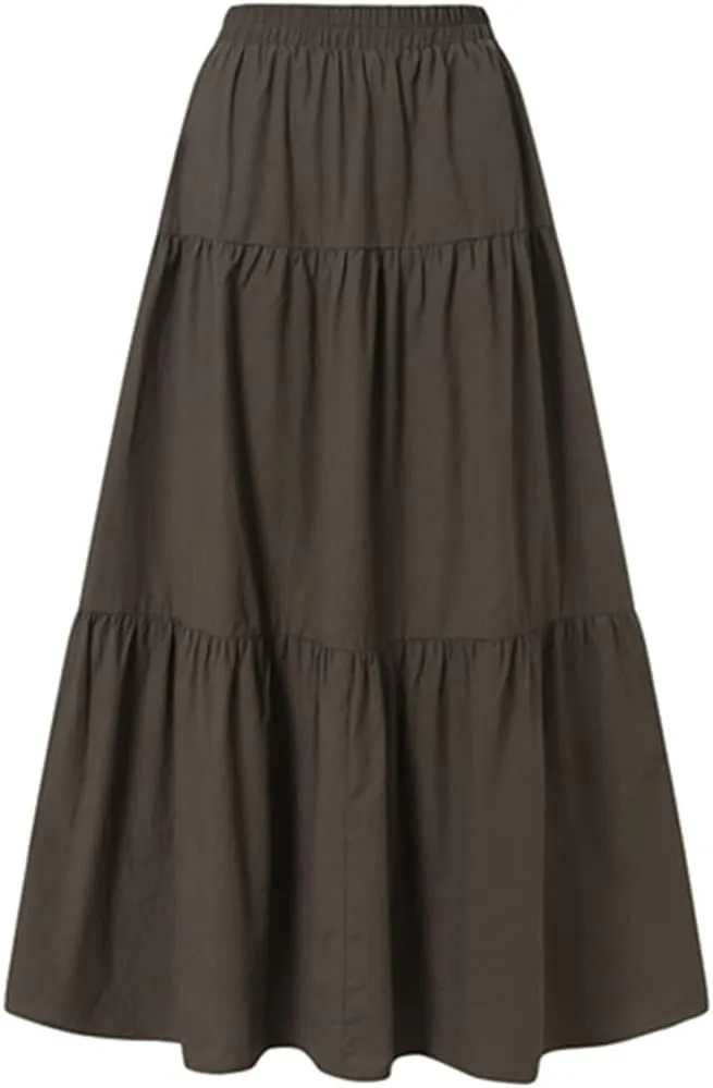 Summer Women Elastic High Waist Ruffle Maxi Long Skirt Flowy Tiered Pleated A Line Long Skirt Trendy Flared Skirts