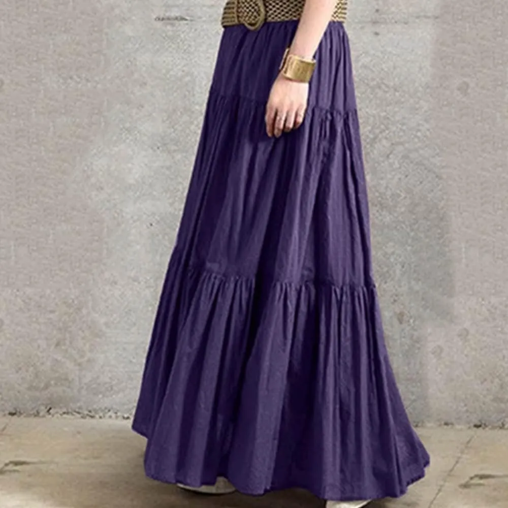 Summer Women Elastic High Waist Ruffle Maxi Long Skirt Flowy Tiered Pleated A Line Long Skirt Trendy Flared Skirts