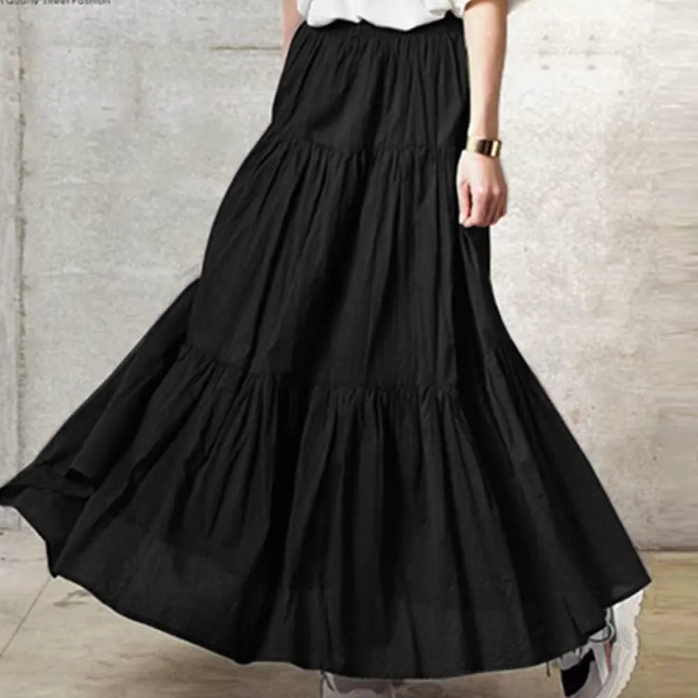 Summer Women Elastic High Waist Ruffle Maxi Long Skirt Flowy Tiered Pleated A Line Long Skirt Trendy Flared Skirts