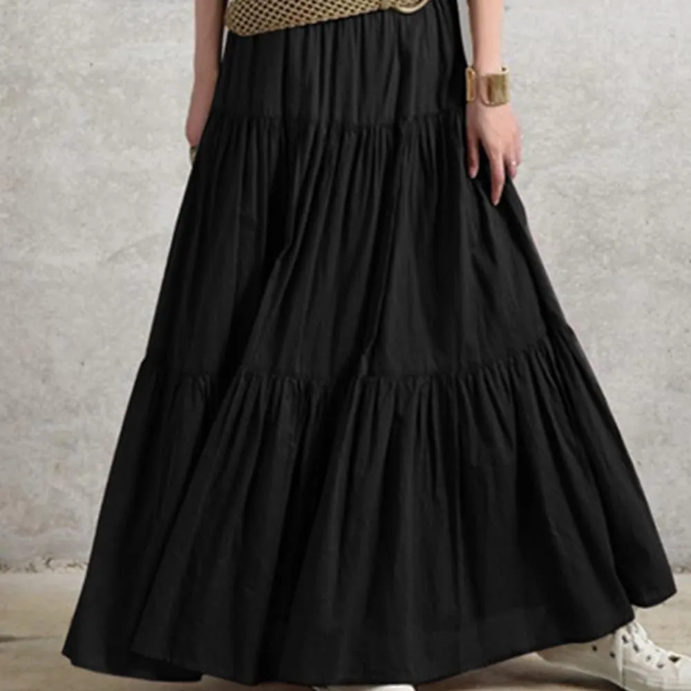 Summer Women Elastic High Waist Ruffle Maxi Long Skirt Flowy Tiered Pleated A Line Long Skirt Trendy Flared Skirts