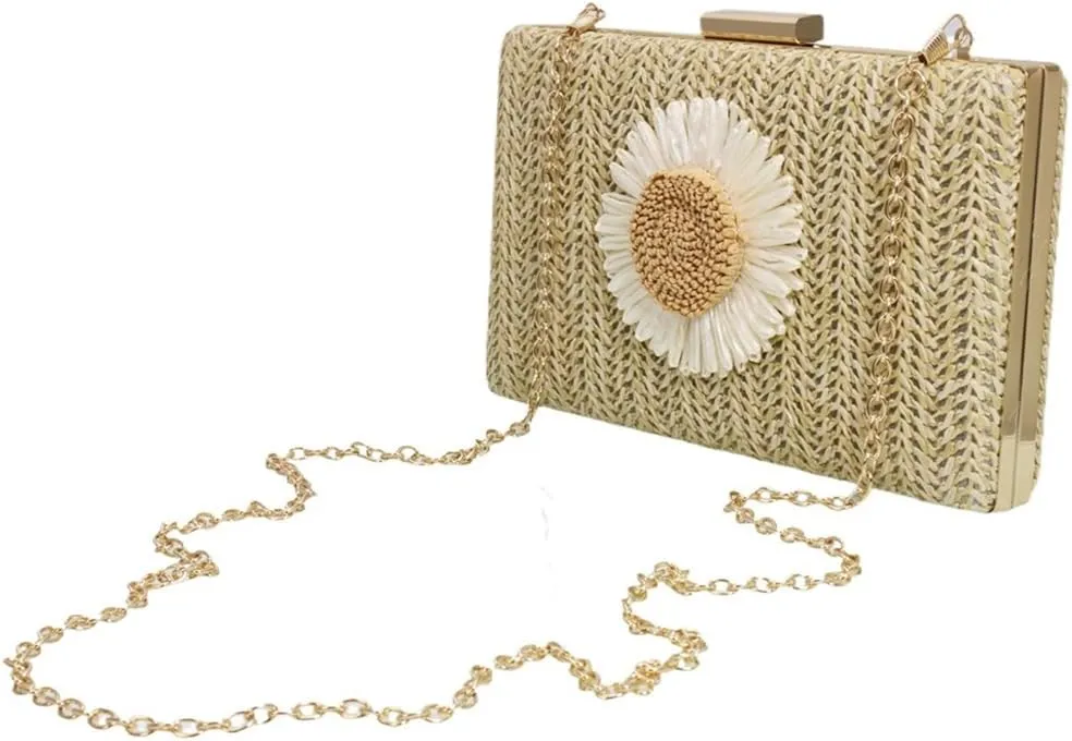 Sunflower Straw Clutch Purse for Women Summer Beach Purse Floral Woven Evening Clutch for Formal Party Travel