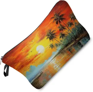Sunset Landscape Makeup Bag Oil Painting Sunset Seaside Pattern Small Cute Organizer Bag Zipper Pouch Seaside Landscape Print Cosmetic Bag Present for Women Friends