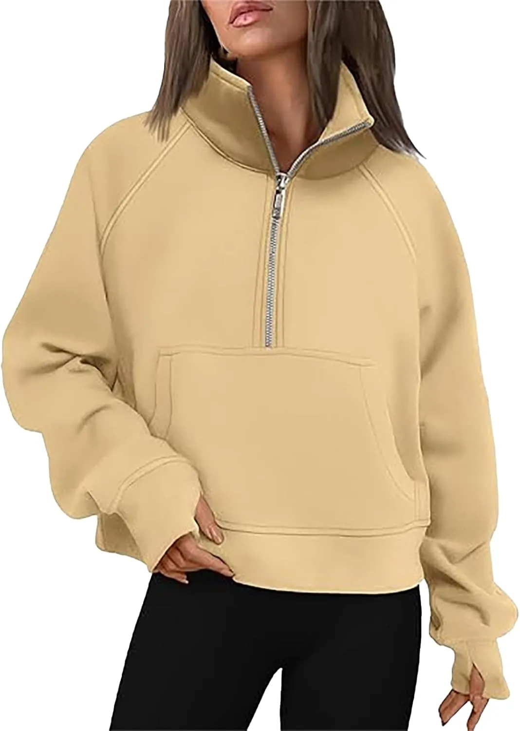 Sweatshirt for Womens Fall Fashion 2024 Half Zip Cropped Sweatshirt Pullover Fleece Zipper Hoodie Thumb Hole