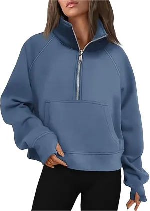 Sweatshirt for Womens Fall Fashion 2024 Half Zip Cropped Sweatshirt Pullover Fleece Zipper Hoodie Thumb Hole
