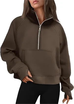 Sweatshirt for Womens Fall Fashion 2024 Half Zip Cropped Sweatshirt Pullover Fleece Zipper Hoodie Thumb Hole