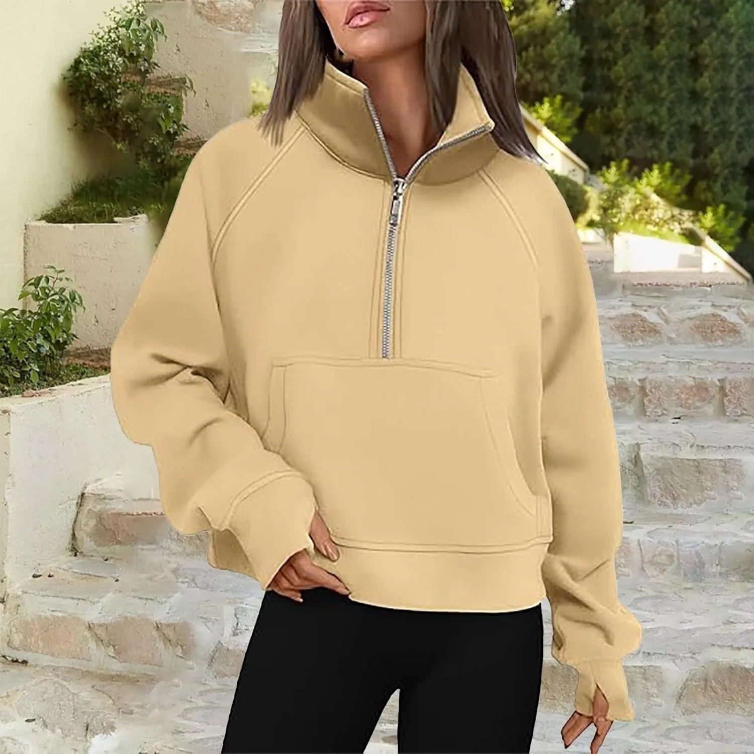 Sweatshirt for Womens Fall Fashion 2024 Half Zip Cropped Sweatshirt Pullover Fleece Zipper Hoodie Thumb Hole
